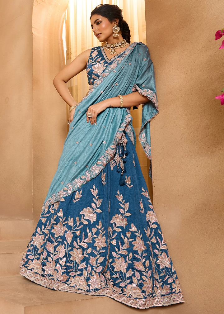 Sapphire Blue Silk Lehenga Choli with Handcrafted Floral & Sequin Work