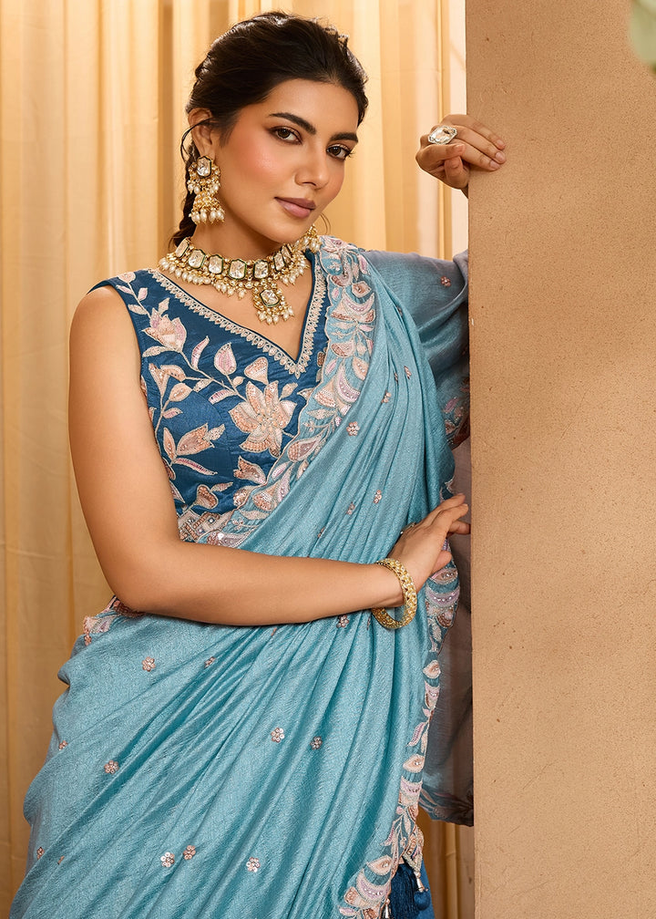 Sapphire Blue Silk Lehenga Choli with Handcrafted Floral & Sequin Work