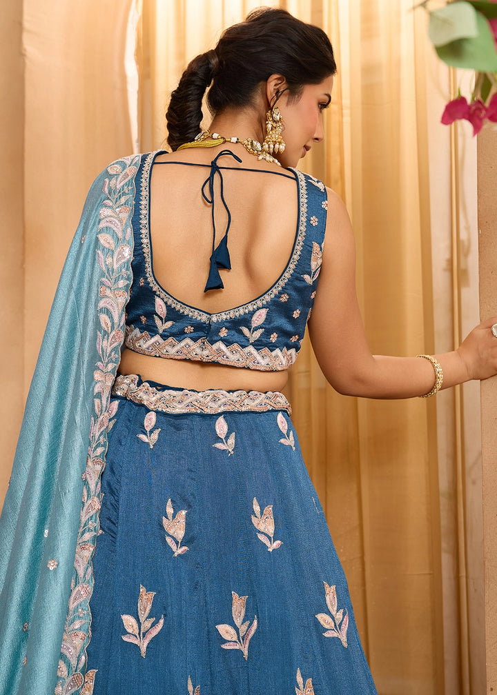 Sapphire Blue Silk Lehenga Choli with Handcrafted Floral & Sequin Work