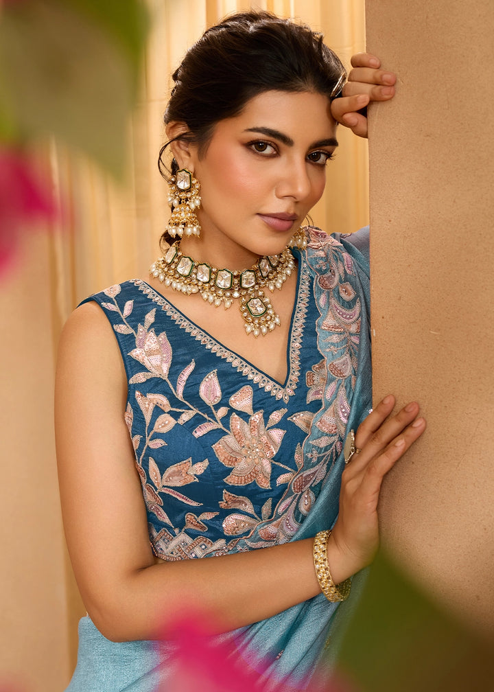 Sapphire Blue Silk Lehenga Choli with Handcrafted Floral & Sequin Work