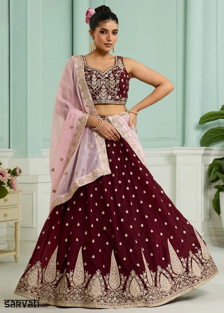 Maroon Red Organza Lehenga Choli with Handcrafted Floral & Sequin Work