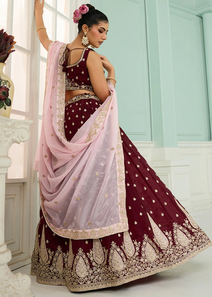 Maroon Red Organza Lehenga Choli with Handcrafted Floral & Sequin Work