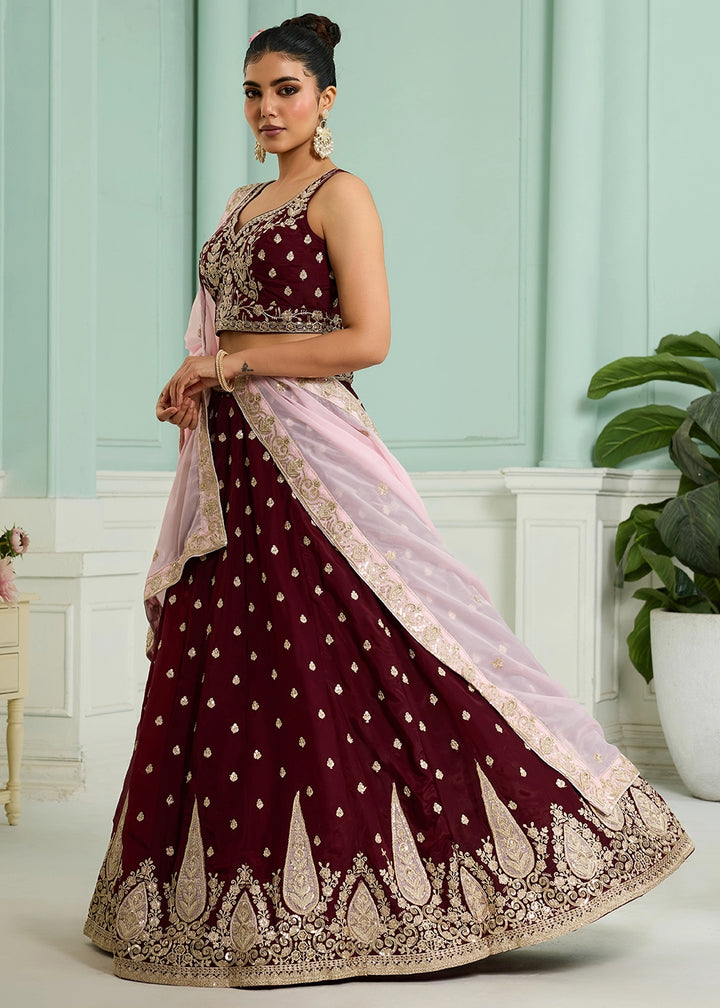 Maroon Red Organza Lehenga Choli with Handcrafted Floral & Sequin Work
