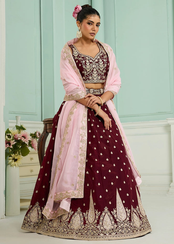Maroon Red Organza Lehenga Choli with Handcrafted Floral & Sequin Work