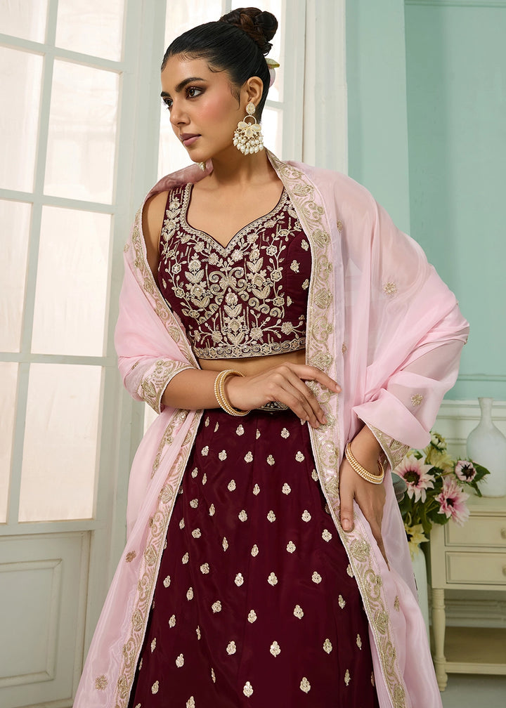Maroon Red Organza Lehenga Choli with Handcrafted Floral & Sequin Work