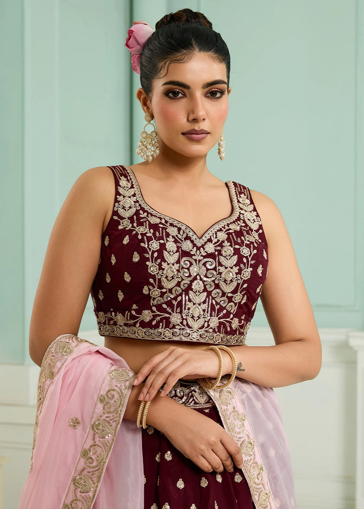 Maroon Red Organza Lehenga Choli with Handcrafted Floral & Sequin Work