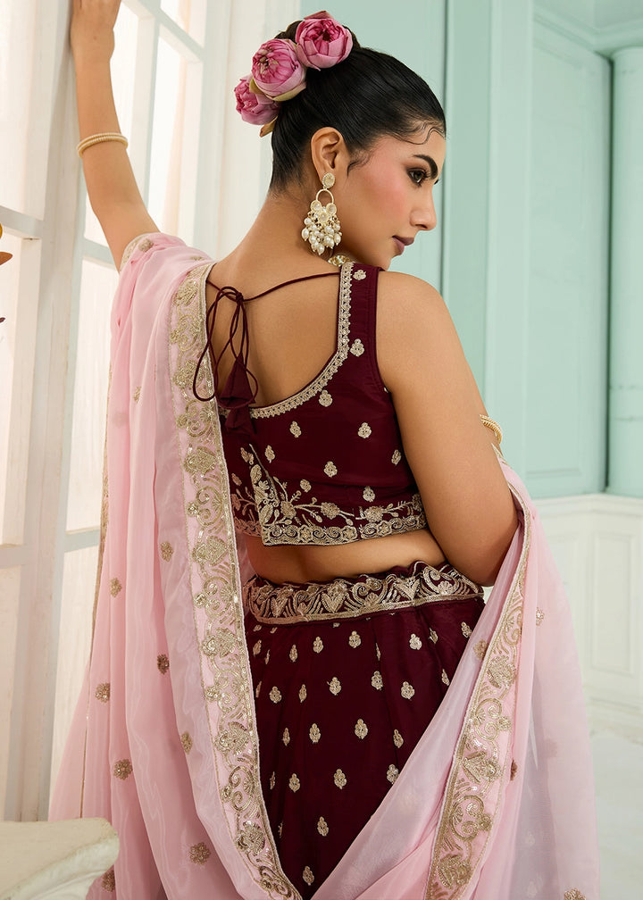 Maroon Red Organza Lehenga Choli with Handcrafted Floral & Sequin Work