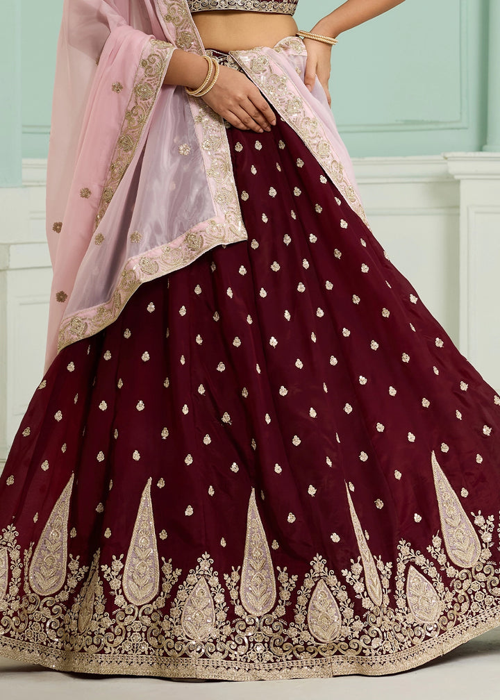 Maroon Red Organza Lehenga Choli with Handcrafted Floral & Sequin Work