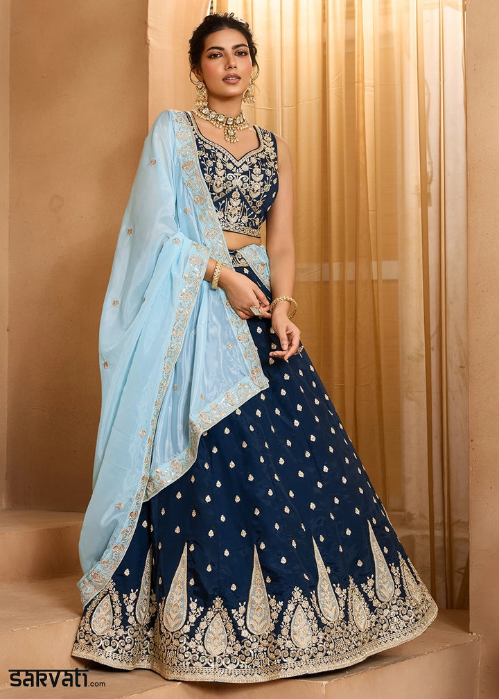 Navy Blue Organza Lehenga Choli with Handcrafted Floral & Sequin Work