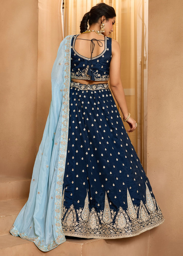 Navy Blue Organza Lehenga Choli with Handcrafted Floral & Sequin Work