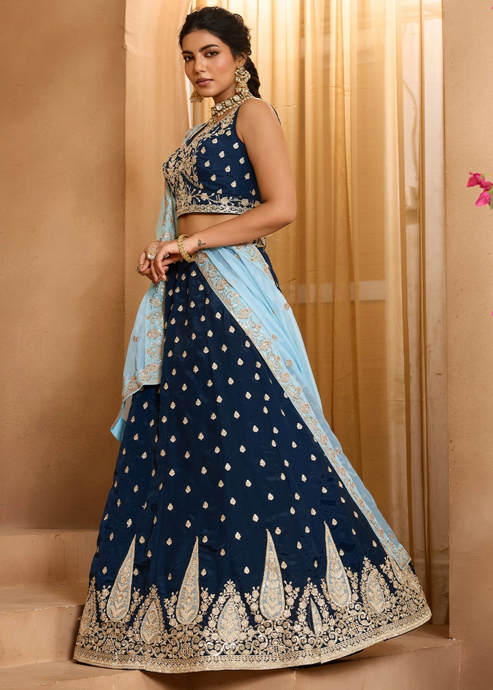 Navy Blue Organza Lehenga Choli with Handcrafted Floral & Sequin Work