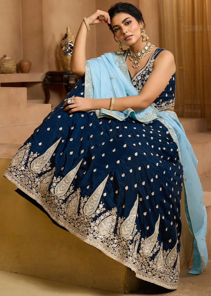 Navy Blue Organza Lehenga Choli with Handcrafted Floral & Sequin Work