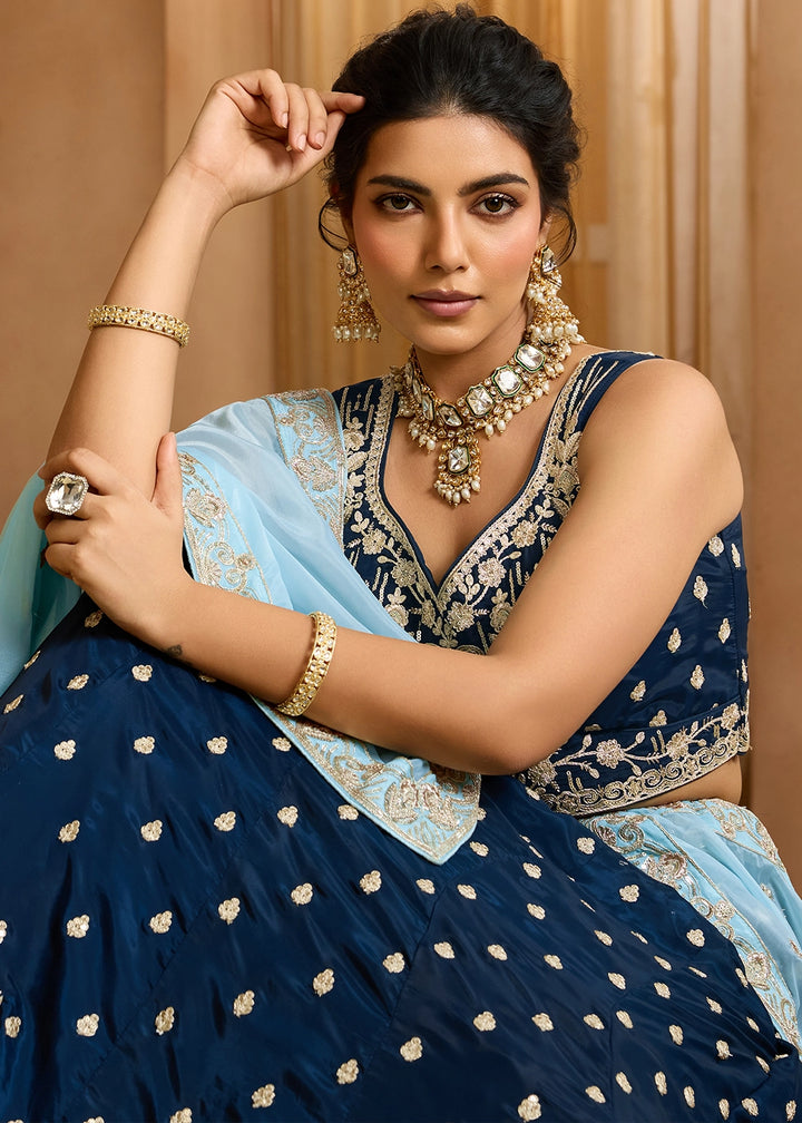 Navy Blue Organza Lehenga Choli with Handcrafted Floral & Sequin Work