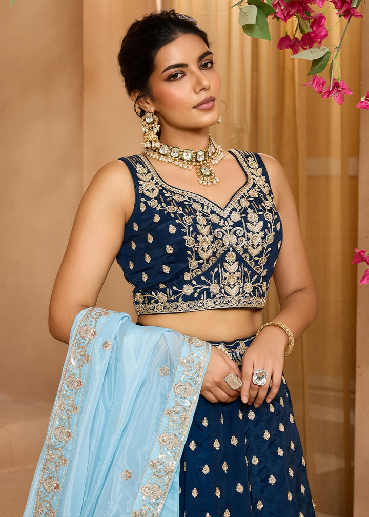 Navy Blue Organza Lehenga Choli with Handcrafted Floral & Sequin Work