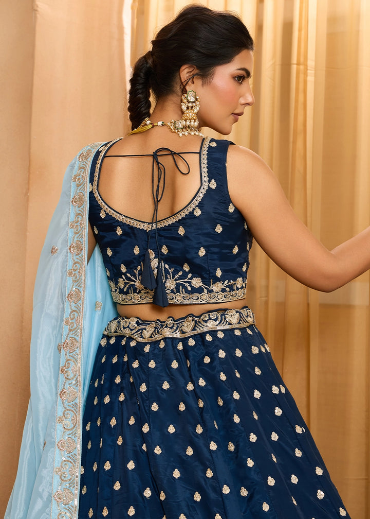 Navy Blue Organza Lehenga Choli with Handcrafted Floral & Sequin Work