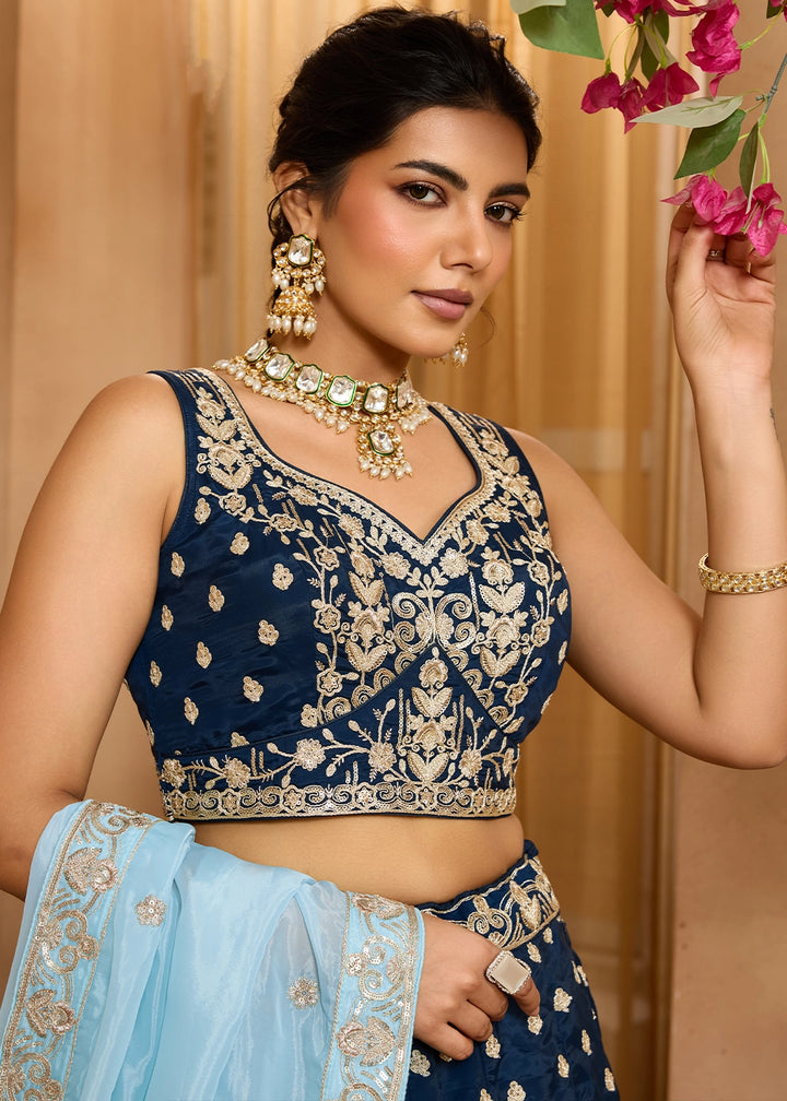 Navy Blue Organza Lehenga Choli with Handcrafted Floral & Sequin Work