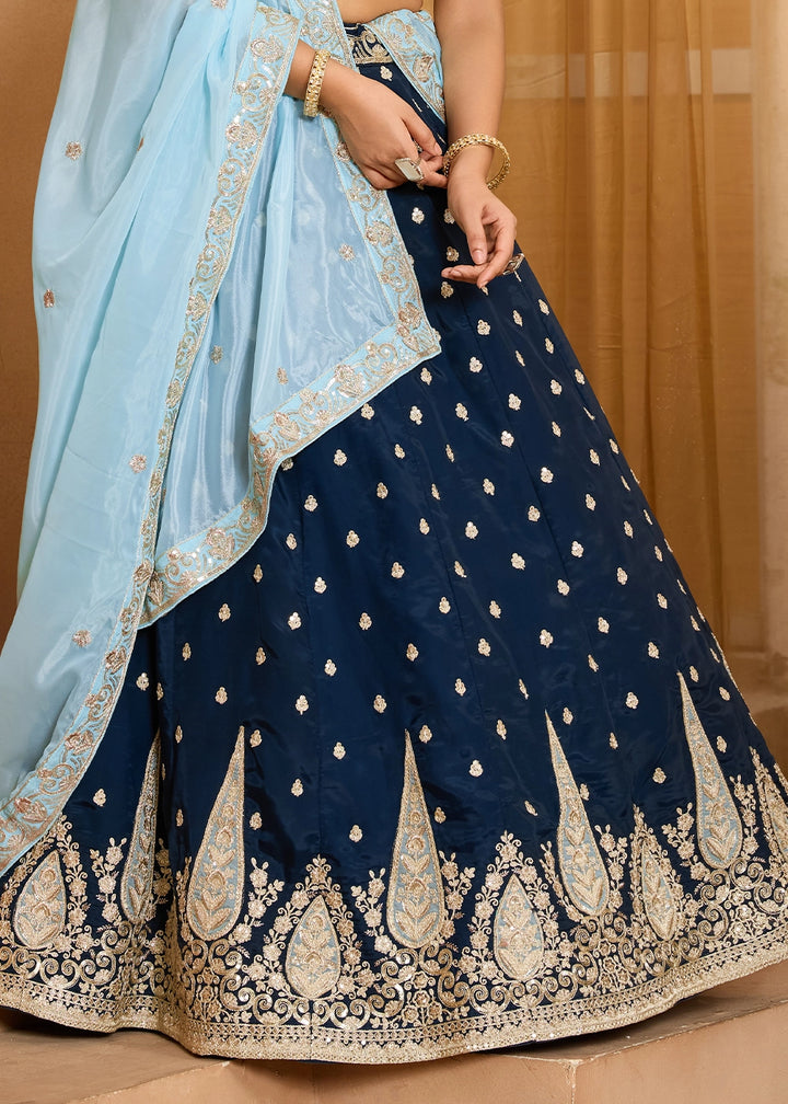 Navy Blue Organza Lehenga Choli with Handcrafted Floral & Sequin Work