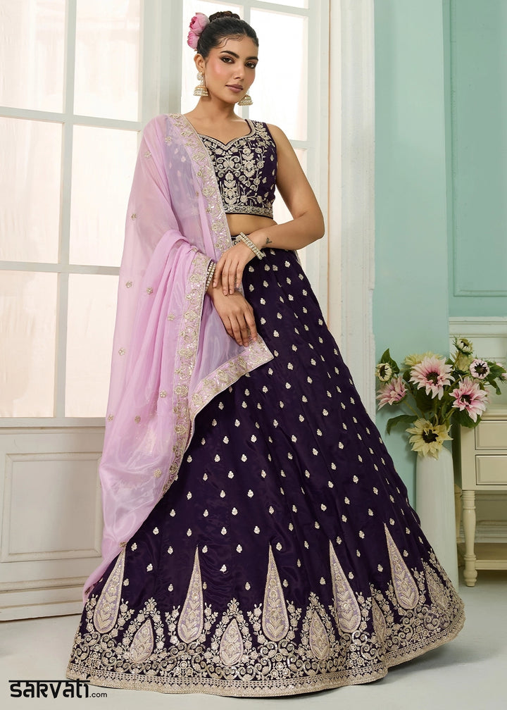Plum Purple Organza Lehenga Choli with Handcrafted Floral & Sequin Work