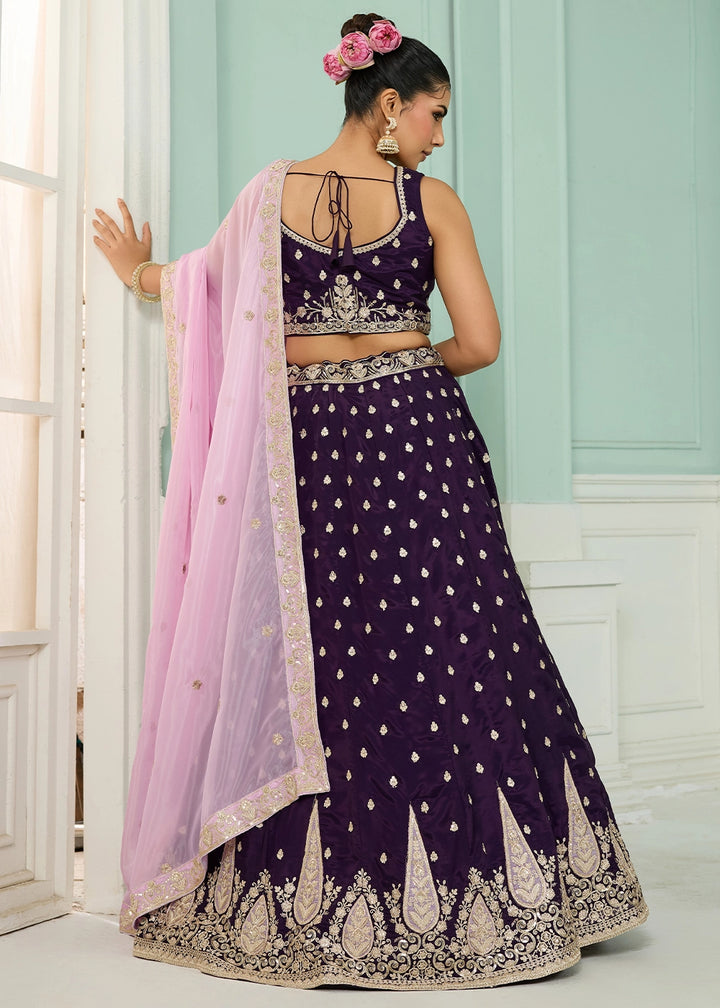 Plum Purple Organza Lehenga Choli with Handcrafted Floral & Sequin Work