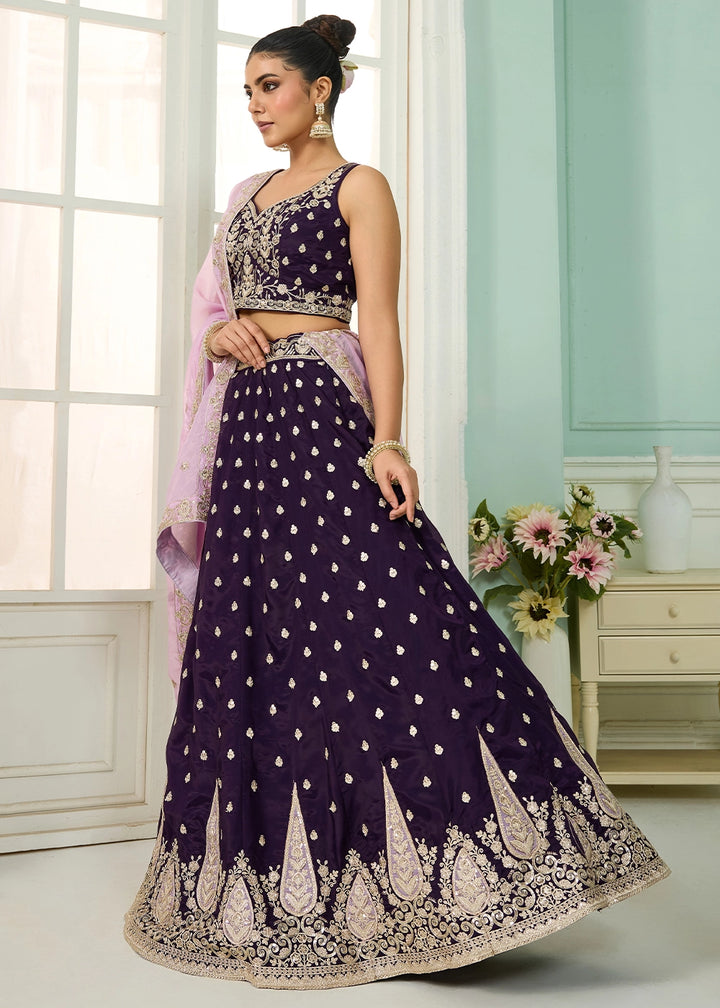 Plum Purple Organza Lehenga Choli with Handcrafted Floral & Sequin Work