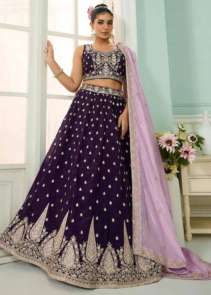 Plum Purple Organza Lehenga Choli with Handcrafted Floral & Sequin Work