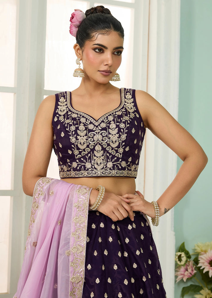 Plum Purple Organza Lehenga Choli with Handcrafted Floral & Sequin Work