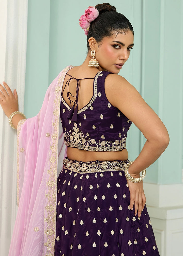 Plum Purple Organza Lehenga Choli with Handcrafted Floral & Sequin Work