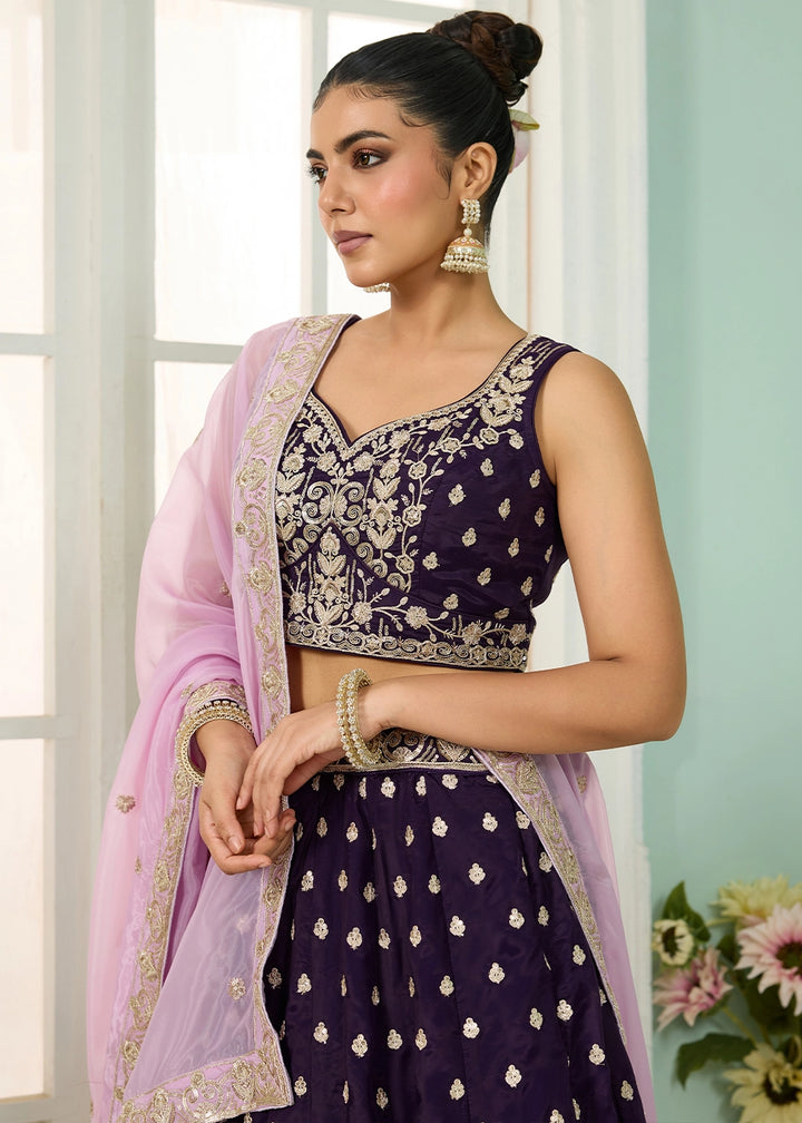 Plum Purple Organza Lehenga Choli with Handcrafted Floral & Sequin Work