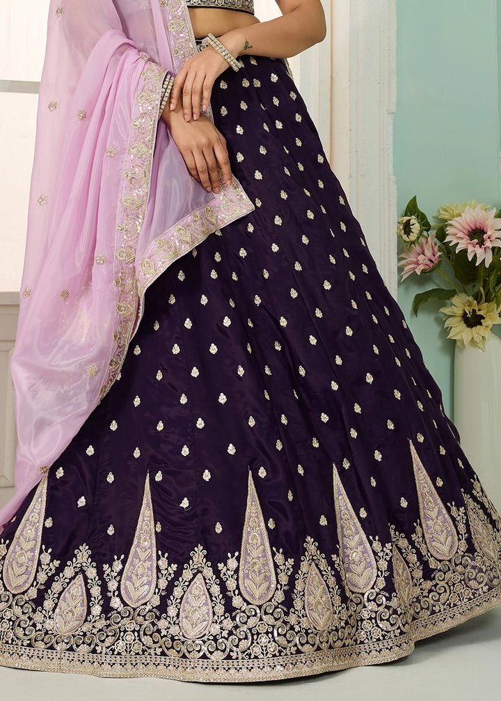 Plum Purple Organza Lehenga Choli with Handcrafted Floral & Sequin Work