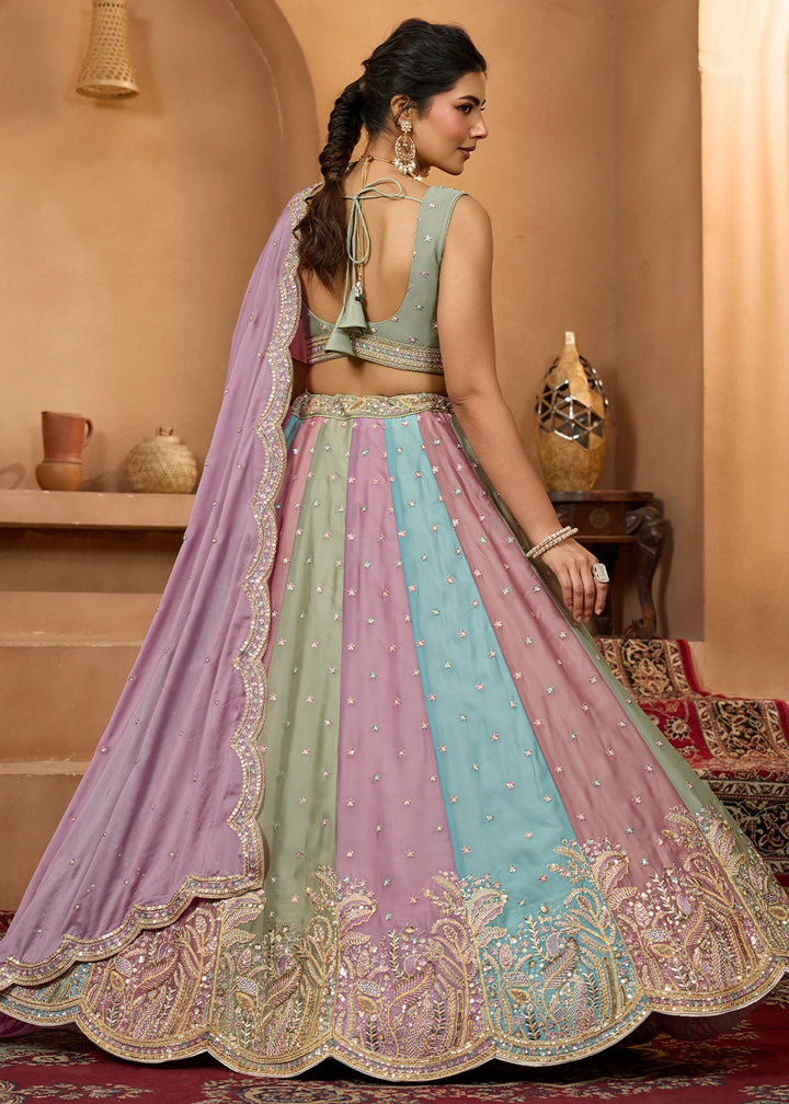Multi Colored Georgette Lehenga Choli with Handcrafted Floral & Sequin Work