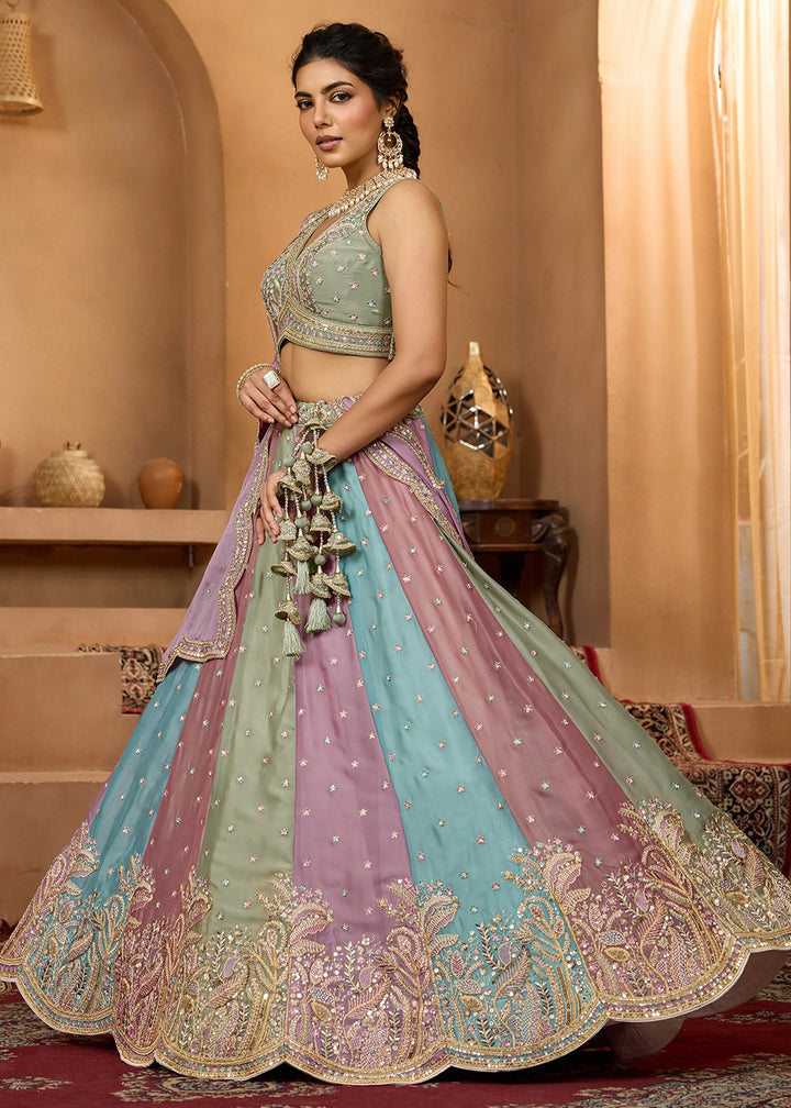 Multi Colored Georgette Lehenga Choli with Handcrafted Floral & Sequin Work