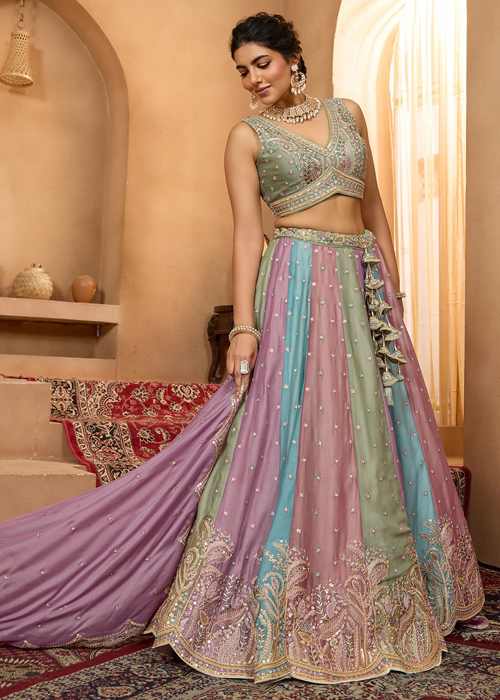 Multi Colored Georgette Lehenga Choli with Handcrafted Floral & Sequin Work
