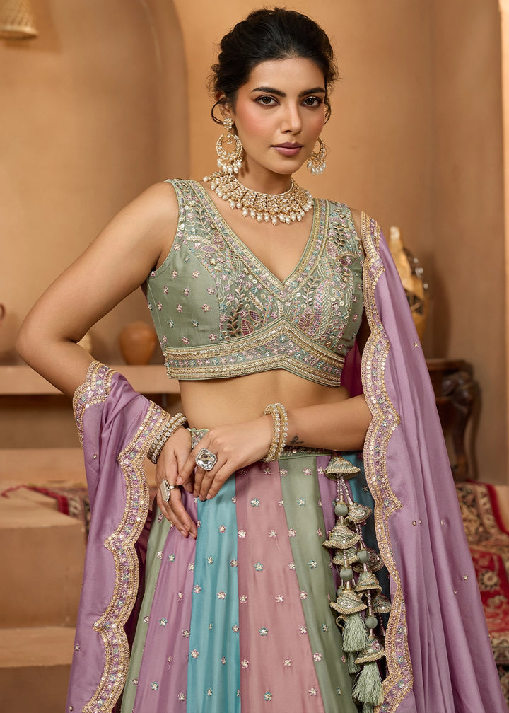 Multi Colored Georgette Lehenga Choli with Handcrafted Floral & Sequin Work