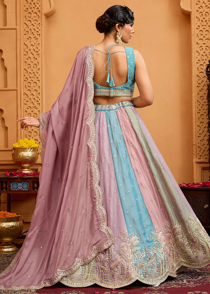 Blue & Purple Georgette Lehenga Choli with Handcrafted Floral & Sequin Work