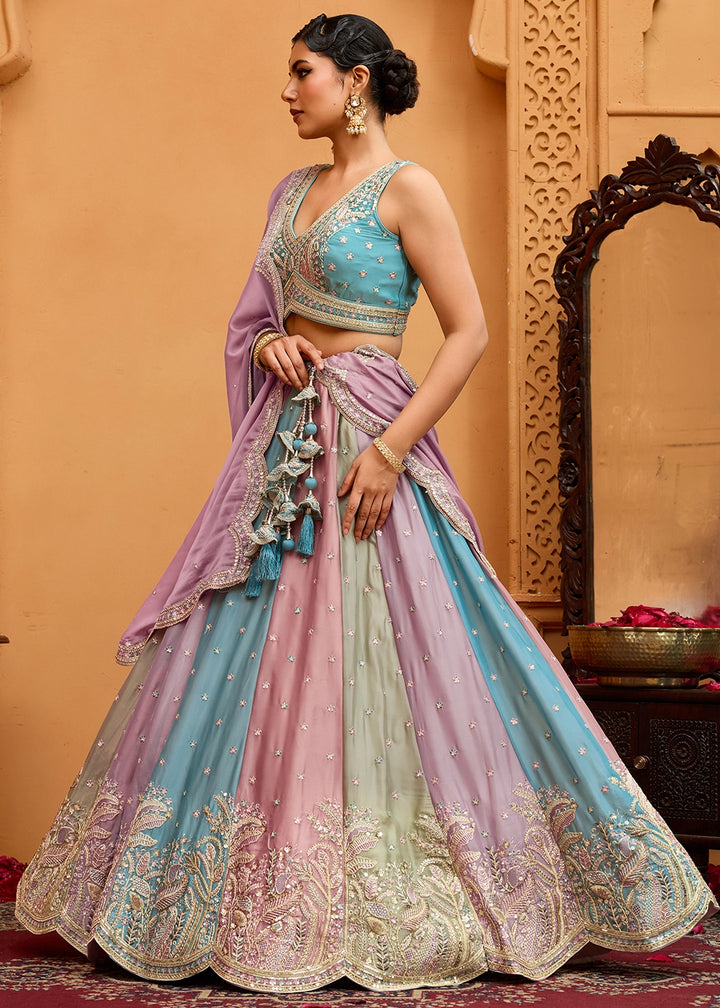 Blue & Purple Georgette Lehenga Choli with Handcrafted Floral & Sequin Work