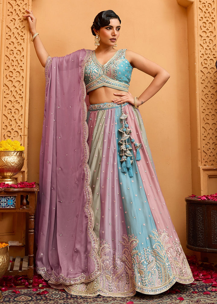 Blue & Purple Georgette Lehenga Choli with Handcrafted Floral & Sequin Work