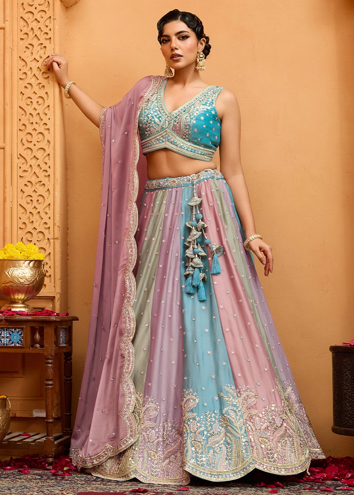 Blue & Purple Georgette Lehenga Choli with Handcrafted Floral & Sequin Work
