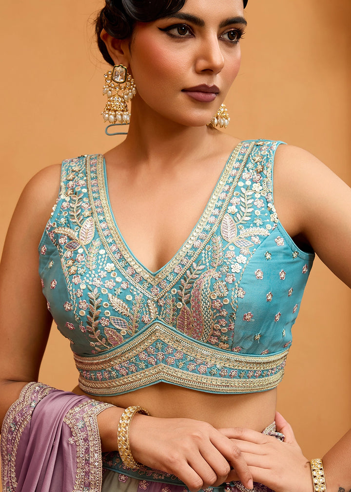 Blue & Purple Georgette Lehenga Choli with Handcrafted Floral & Sequin Work