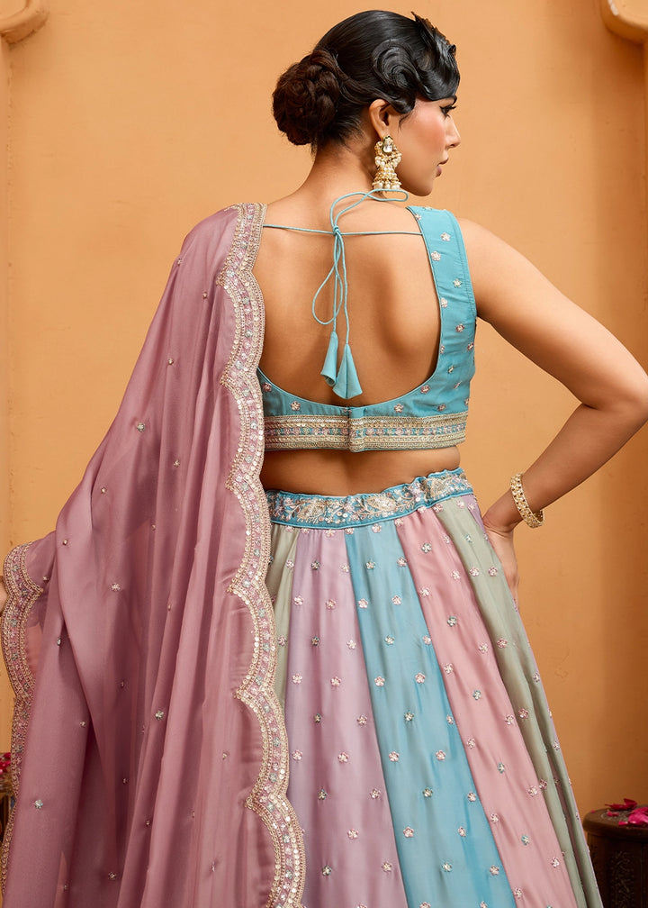 Blue & Purple Georgette Lehenga Choli with Handcrafted Floral & Sequin Work