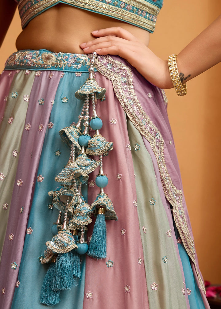 Blue & Purple Georgette Lehenga Choli with Handcrafted Floral & Sequin Work