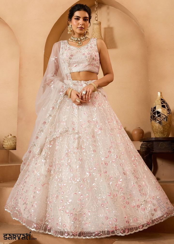 Pearl White Net Lehenga Choli with Handcrafted Floral & Sequin Work