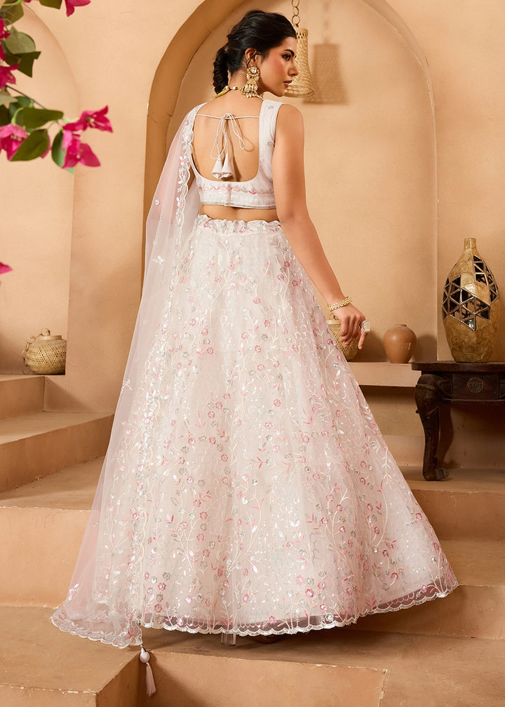 Pearl White Net Lehenga Choli with Handcrafted Floral & Sequin Work