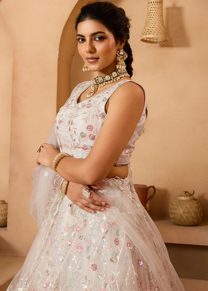 Pearl White Net Lehenga Choli with Handcrafted Floral & Sequin Work