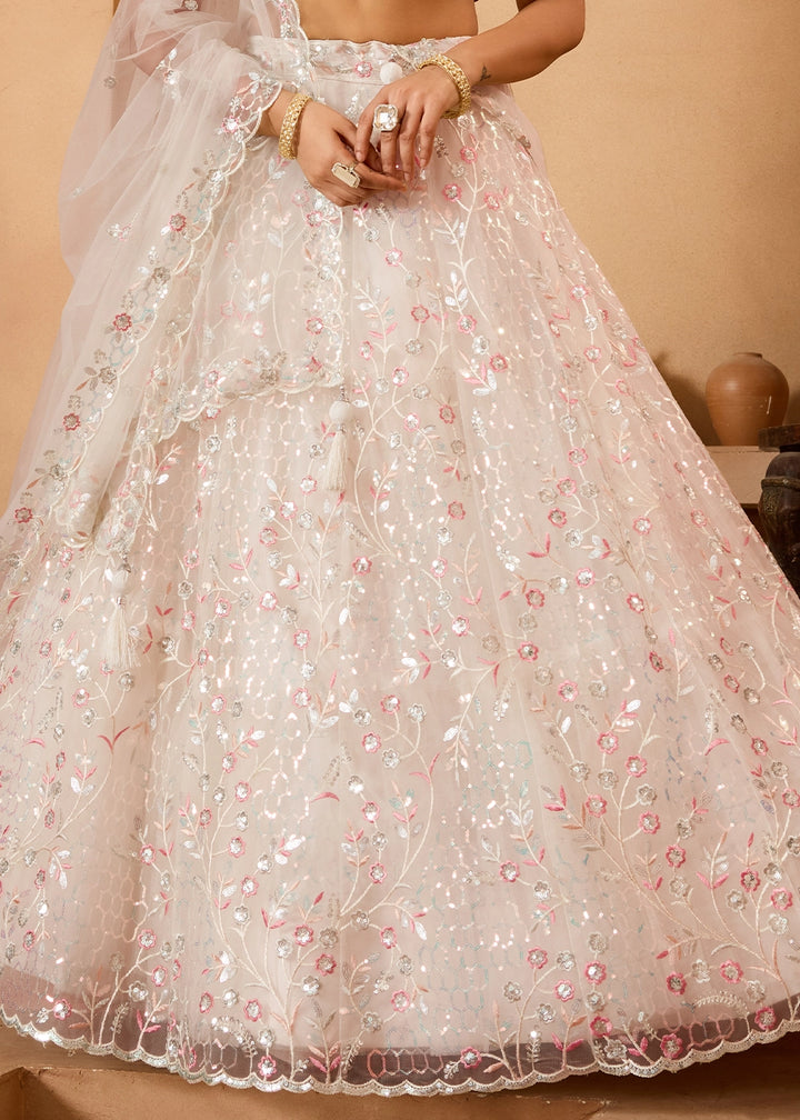Pearl White Net Lehenga Choli with Handcrafted Floral & Sequin Work