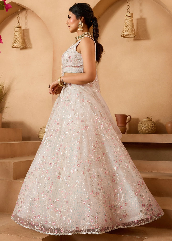 Pearl White Net Lehenga Choli with Handcrafted Floral & Sequin Work