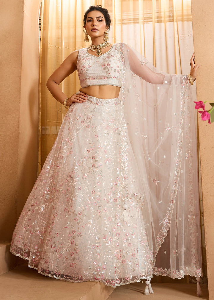 Pearl White Net Lehenga Choli with Handcrafted Floral & Sequin Work