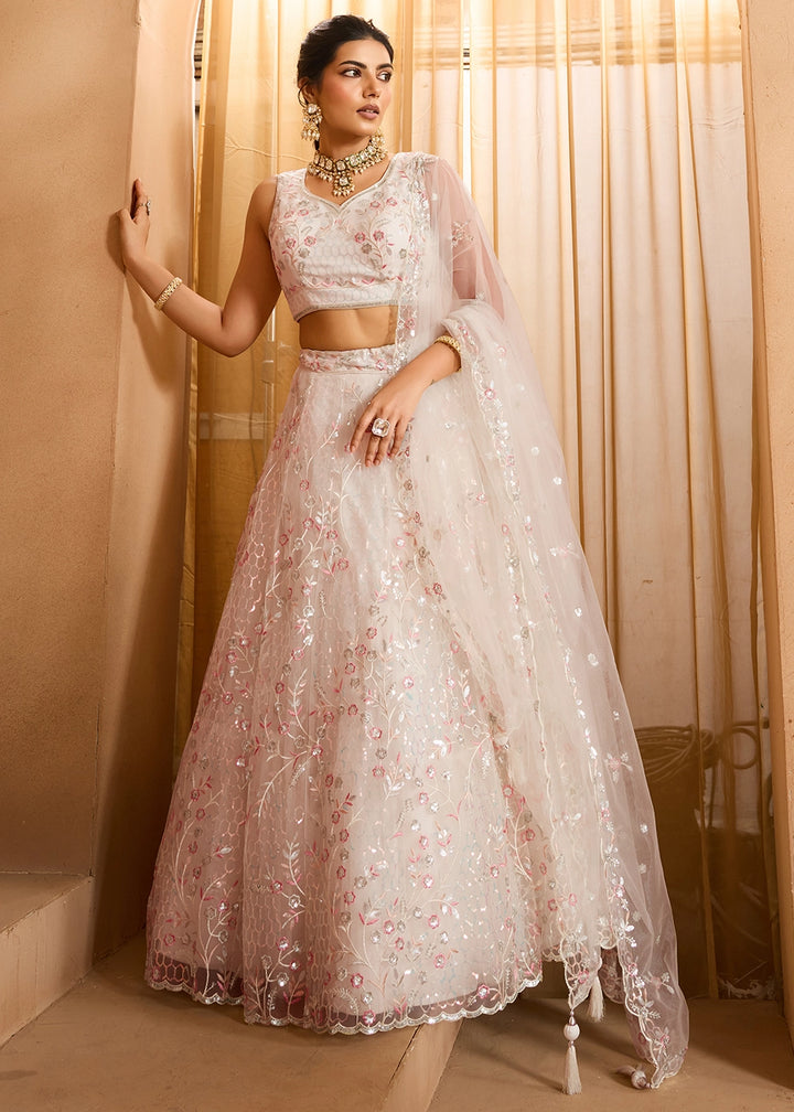 Pearl White Net Lehenga Choli with Handcrafted Floral & Sequin Work