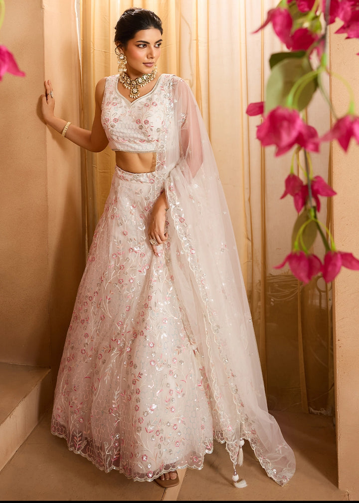 Pearl White Net Lehenga Choli with Handcrafted Floral & Sequin Work