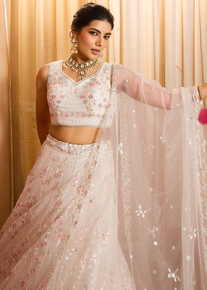 Pearl White Net Lehenga Choli with Handcrafted Floral & Sequin Work
