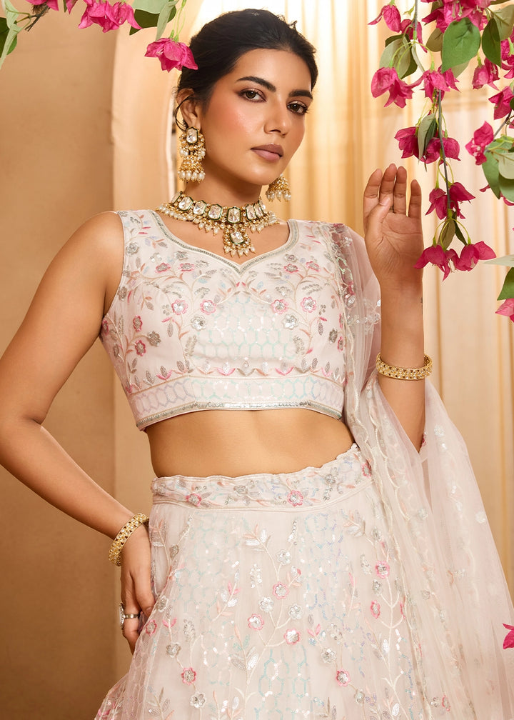 Pearl White Net Lehenga Choli with Handcrafted Floral & Sequin Work